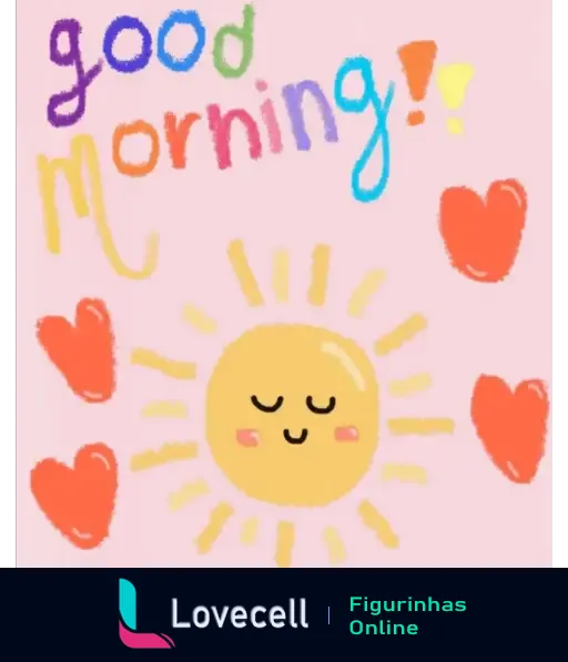 Figurinha de bom dia com a frase 'Good Morning!' em cores vibrantes, sol sorridente e corações vermelhos - Frases em Espanhol.