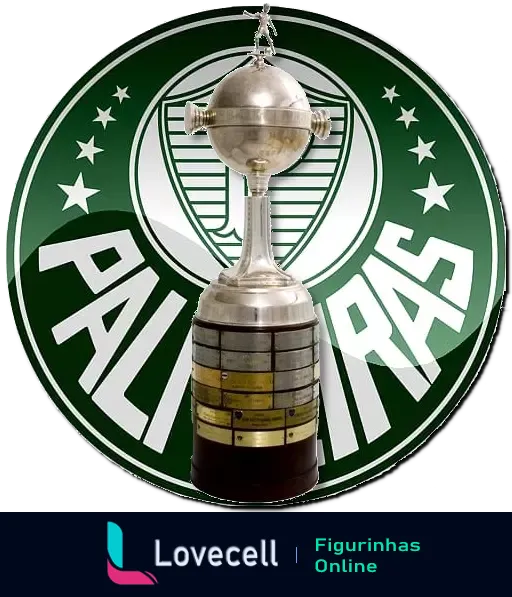 Escudo do Palmeiras em verde com estrelas brancas e a palavra 'Palmeiras' no topo, envolvendo a Taça Libertadores detalhada no centro, simbolizando as conquistas do clube.