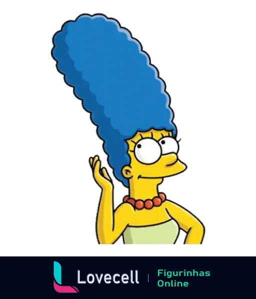 Figurinha de Marge Simpson sorrindo com cabelo azul e colar vermelho de 'Os Simpsons'