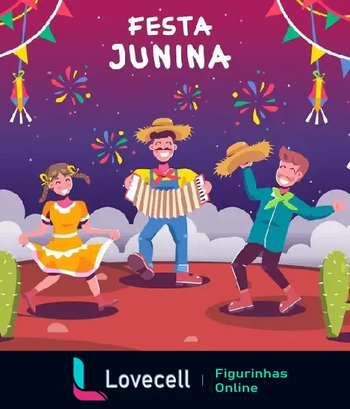 Figurinha de Festa Junina com pessoas dançando e tocando sanfona, fogos de artifício e decoração típica