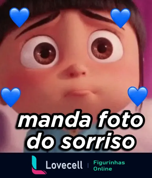 Imagem fofa de uma menina com olhos arregalados e expressão de expectativa, cercada por corações azuis, com a frase 'manda foto do sorriso'.