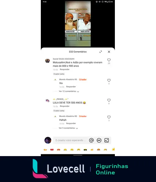 Captura de tela de uma postagem em rede social com uma imagem de duas figuras religiosas rotuladas como Matusalém Vive e Habib Gomes. Abaixo, há uma seção de comentários com discussões sobre a longevidade de Matusalém e referências humorísticas.