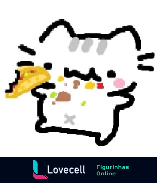 Desenho de um gato fofo segurando um taco saboroso, com manchas coloridas em seu corpo, expressando alegria e diversão.