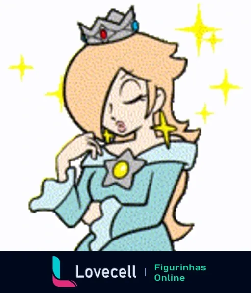 Figurinha da Princesa Rosalina de Mario Bros segurando uma estrela luminosa, vestida com traje azul celeste e convocando faíscas mágicas