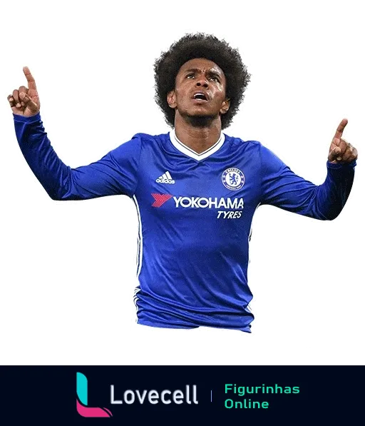 Jogador do Chelsea comemorando com entusiasmo, vestido com uniforme azul, logo da Adidas e patrocínio da Yokohama Tyres, braços levantados apontando para cima