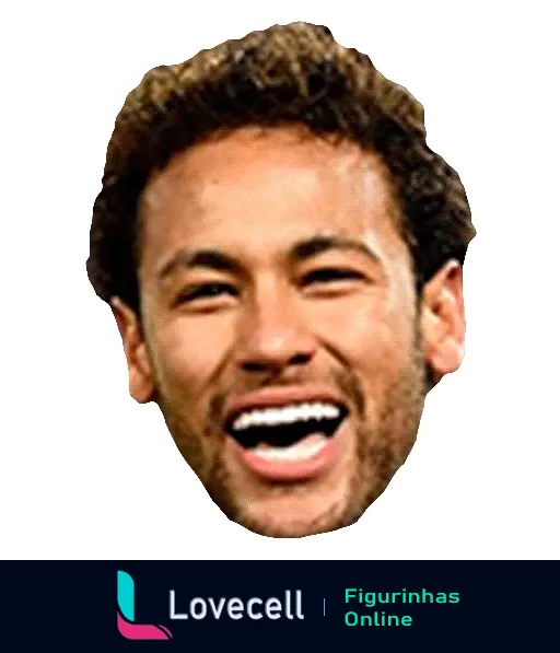 Figurinha do Whatsapp mostrando Neymar sorrindo, com cabelo castanho encaracolado e barba por fazer, expressando felicidade e descontração