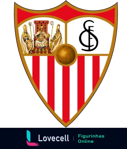 Escudo do Sevilla FC com fundo branco, linhas vermelhas verticais e detalhes dourados, ideal para fãs de futebol.