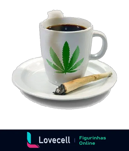 Xícara de café branca com desenho de folha de cannabis em verde, acompanhada de cigarro de cannabis ao lado sobre pires branco