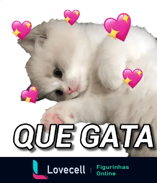 Adorável gatinho deitado com corações ao redor, e texto 'Que Gata' destacando sua fofura. Ideal para expressar carinho em conversas.