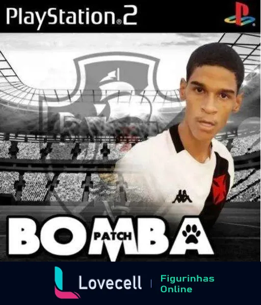 Figurinha do Bomba Patch para PlayStation 2 com jogador do Vasco da Gama em estádio de futebol lotado