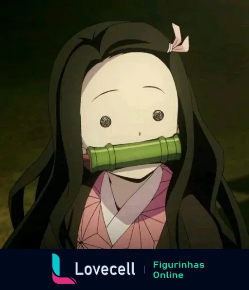 Ilustração Kamado Nezuko de anime. Ela está com expressão serena e calmante, com bambu na boca e traje tradicional japonês.