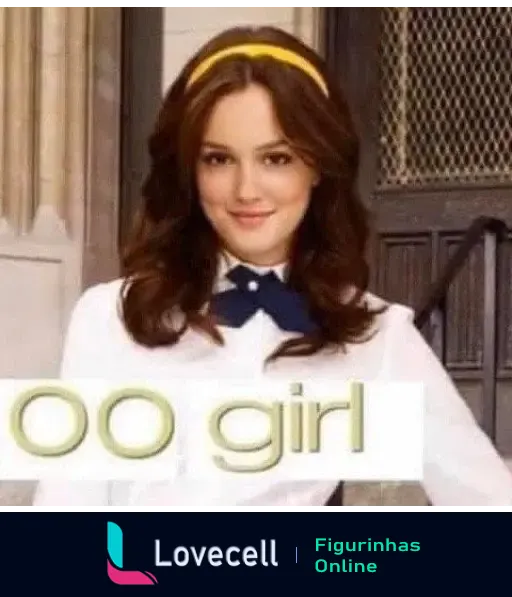 Personagem feminina de Gossip Girl vestindo uniforme escolar, com faixa amarela no cabelo e a inscrição 'OO girl'.