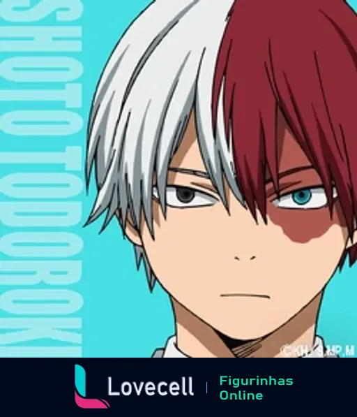 Figurinha de Shoto Todoroki com cabelo bicolor e olhar sério do anime My Hero Academia Class 1A.