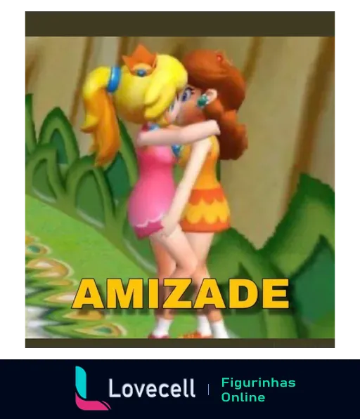 Figurinha com duas personagens animadas se abraçando, acompanhadas do texto 'AMIZADE'. Tema de amizade e diversão.