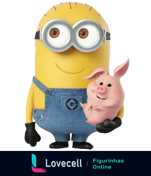 Minion segurando um porquinho cor-de-rosa sorridente, usando macacão de jeans e óculos, transmitindo amizade e diversão