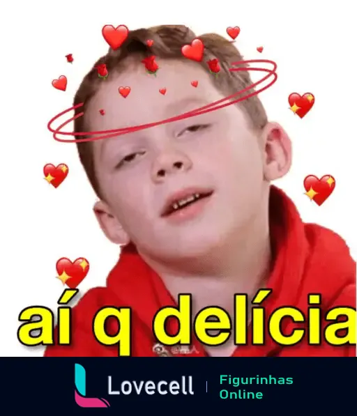 Figurinha de amor mostrando uma criança com expressão de prazer e corações ao redor