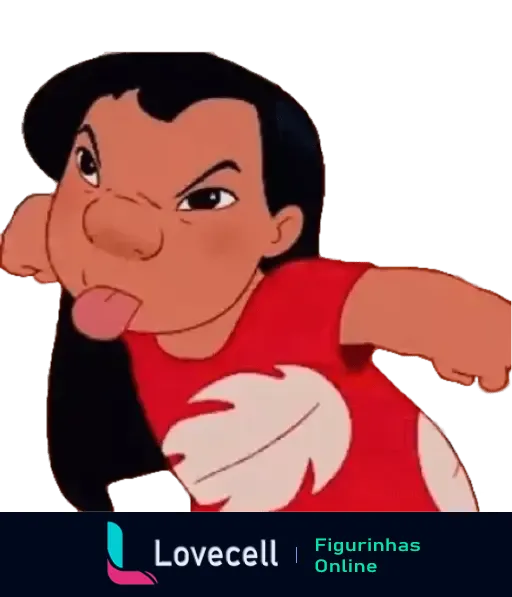 Imagem da personagem Lilo de Lilo e Stitch fazendo uma careta brave e mostrando a língua, vestindo uma camiseta vermelha.