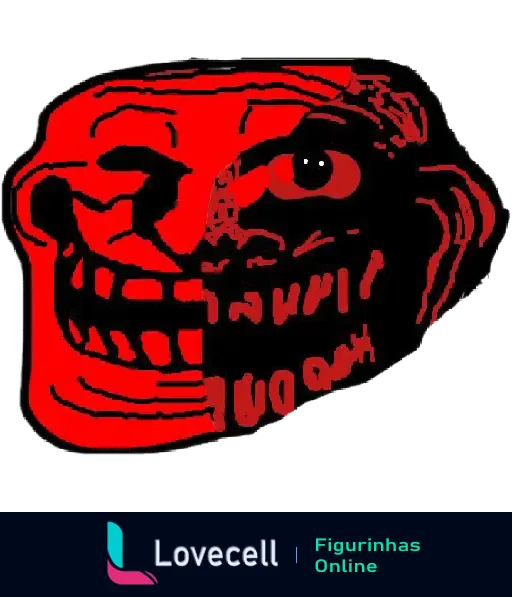 Figurinha de uma Troll Face intensamente colorida de vermelho, exibindo uma expressão sinistra com olhos esbugalhados e um sorriso malicioso.