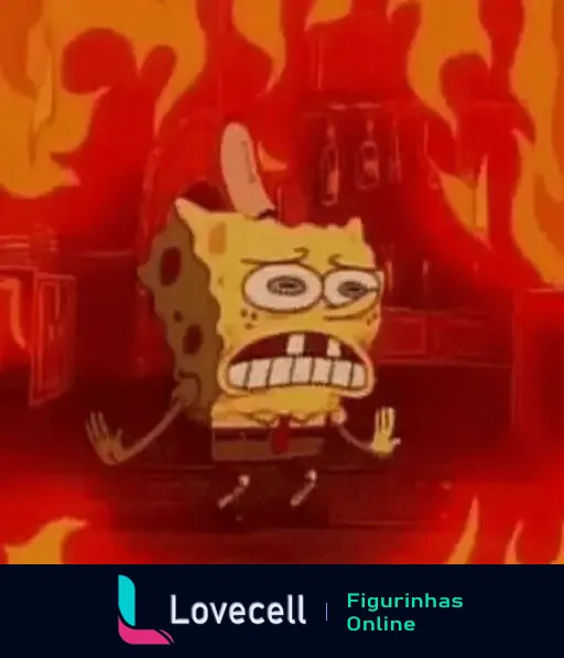 Bob Esponja visivelmente aflito enquanto está cercado por chamas ao fundo, representando uma sensação extrema de calor.