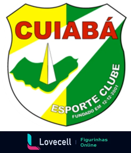 Figurinha do escudo do Cuiabá Esporte Clube com cores verde e amarela, representação de uma vela de barco e contorno do estado de Mato Grosso, data de fundação 12-12-2001