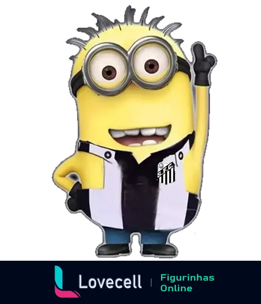 Minion sorridente vestido com o uniforme do Santos Futebol Clube, saudando animadamente em trajes listrados preto e branco