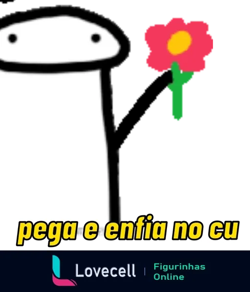 Animação de Flork estressado segurando uma flor com legenda sarcástica 'pega e enfia no cu' repetida várias vezes.