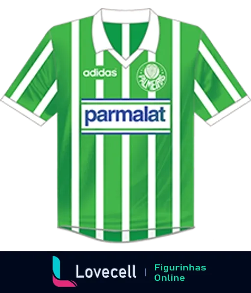 Figurinha da camisa clássica do Palmeiras com listras verdes e brancas, patrocínio Parmalat e logo Adidas