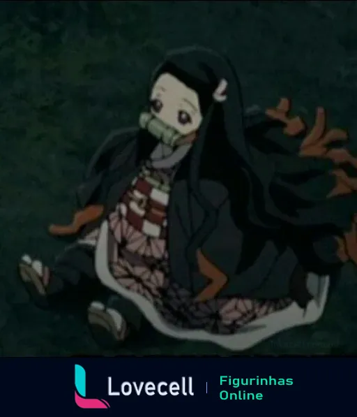 Figurinha de Kamado Nezuko deitada no chão com expressão serena, segurando sua icônica mordaça de bambu, característica do anime.