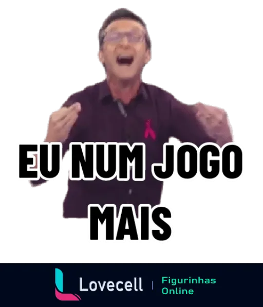 Craque Neto expressando intensa emoção com mãos erguidas e olhos arregalados, usando camisa preta e broche rosa, com a frase 'EU NUM JOGO MAIS' destacada