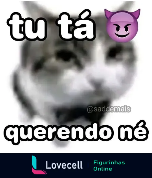 Figurinha de um gato desfocado com expressão de travessura. Texto na parte superior: 'tu tá' seguido de um emoji de diabinho sorrindo. Texto na parte inferior: 'querendo né'. Marca d'água '@saddemais'. Tags: 'tu tá querendo né'.