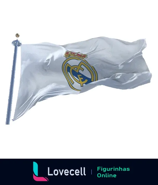 Bandeira branca do Real Madrid com emblema colorido e coroa real, flutuando ao vento