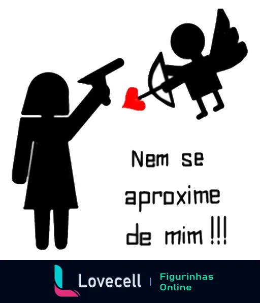 Silhueta feminina apontando arma para Cupido voando, disparando flecha em forma de coração, texto 'Nem se aproxime de mim!!!', rejeitando amor ou romance