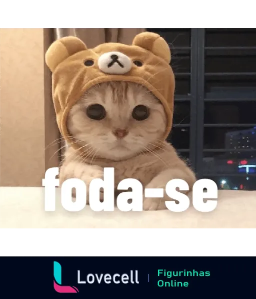 Gato com expressão séria usando touca de urso marrom e fofa, com pelo curto e claro, tendo a frase 'foda-se' em letras brancas embaixo