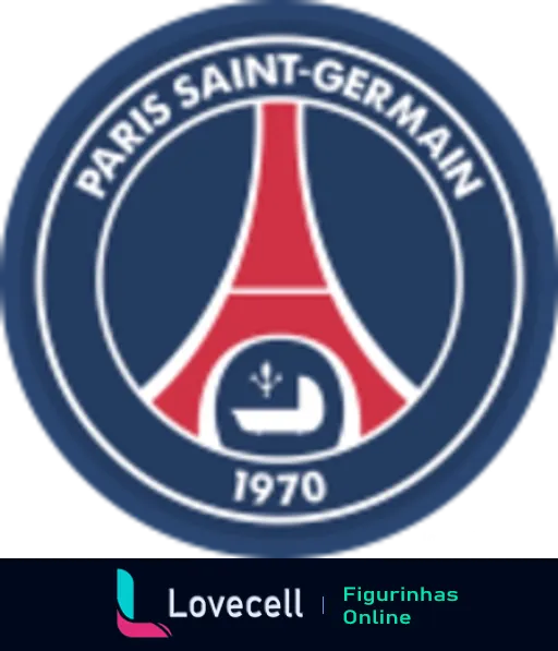 Logotipo do Paris Saint-Germain com torre Eiffel estilizada em azul e vermelho, círculo azul e nome com ano de fundação 1970