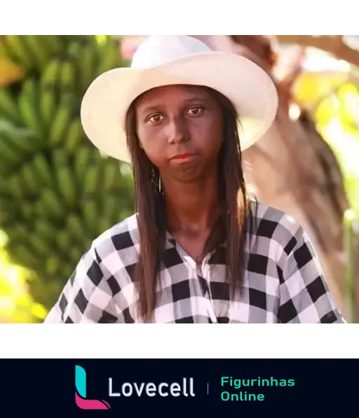 Menina da bota em cenário externo, usando chapéu branco e camiseta listrada. Fundo com plantas e bananas visíveis.