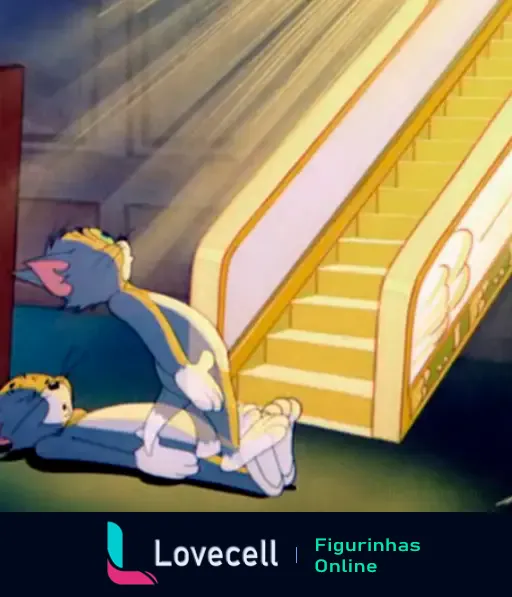 Imagem animada de Tom e Jerry. Tom está ajoelhado ao lado de Jerry, olhando para uma escada iluminada que parece levar ao céu. Título: 'Tom e Jerry: Escada Celestial'. Tags: Tom, Jerry, escada, humor, animação.