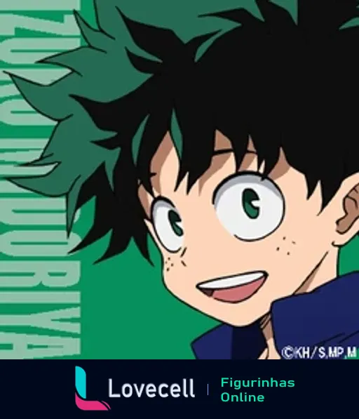 Imagem de Izuku Midoriya, personagem principal de My Hero Academia, sorrindo com expressão animada. Fundo verde com nome Izuku Midoriya.