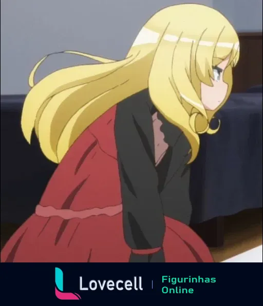 Personagem loira de vestido vermelho da série de anime Imoto Sae Ireba II em perfil, olhando para o lado com uma expressão séria.