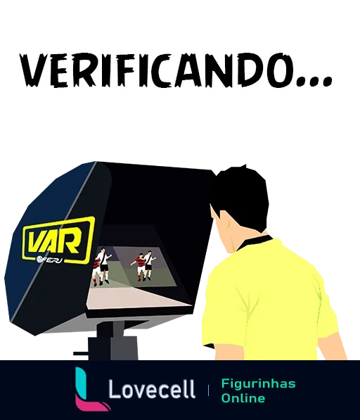 Árbitro de futebol analisando jogada no monitor do VAR com a palavra 'VERIFICANDO...' na parte superior