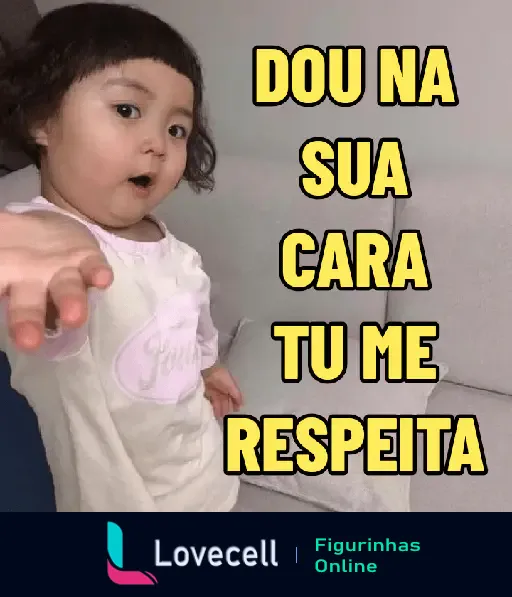 Imagem de uma criança com expressão de surpresa apontando. Texto na imagem: 'DOU NA SUA CARA TU ME RESPEITA'. Título: 'Dou na sua cara, tu me respeita!', tags: 'mini querida, coreaninha, Dou na sua cara, tu me respeita, humor, fiéis amigos'.