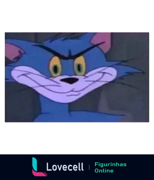 Figurinha do Tom sorrindo maliciosamente, personagem de Tom e Jerry, com olhos semi-abertos e expressão de quem trama algo divertido