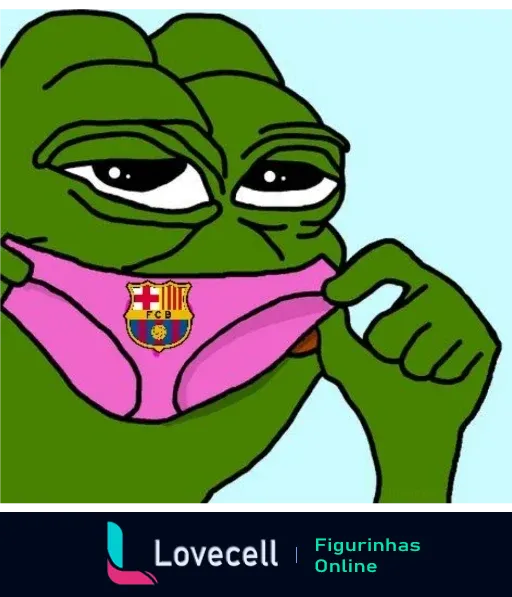 Mascote verde sorrindo e mostrando calça com logotipo do Barcelona FC. Imagem humorística encontrada na pasta Real Madrid