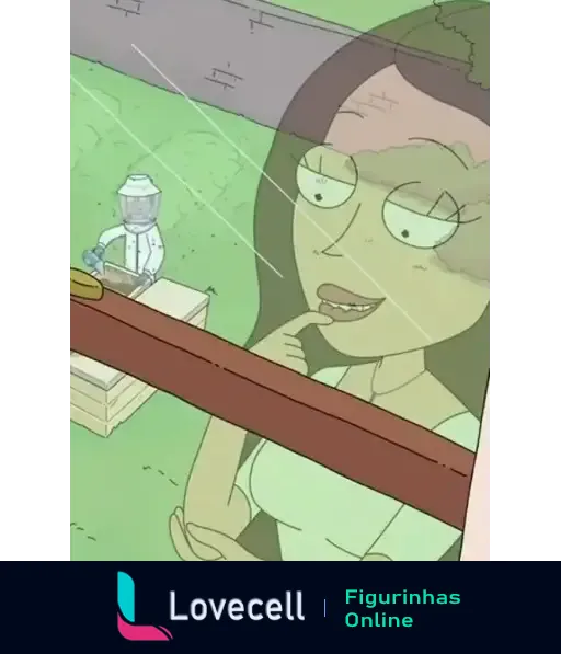 Cena de Rick and Morty, uma mulher pensativa observa um homem vestido de apicultor no fundo, com caixas de abelhas ao redor.