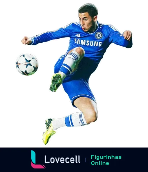 Jogador do Chelsea chutando a bola no ar, vestindo uniforme azul com logo da Samsung e chuteiras amarelas