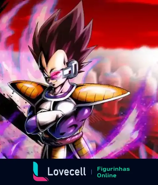 Figurinha do Super Vegeta em pose desafiadora, usando armadura e óculos de combate, com fundo vermelho e efeitos de energia.