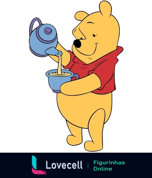 Ursinho Pooh sorrindo enquanto serve mel de um bule azul em um pote. Figura clássica e adorável do Ursinho Pooh em desenho animado.