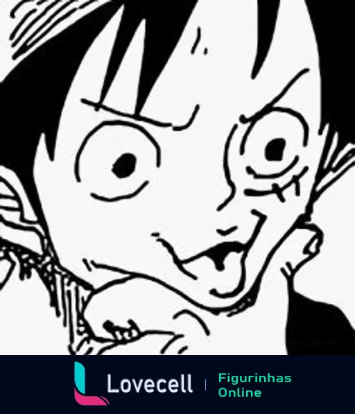 Personagem Luffy de One Piece fazendo uma careta pensativa, com expressão facial intensa e olhos grandes.