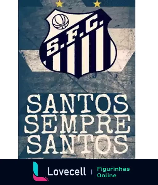 Figurinha do Santos Futebol Clube com emblema preto e branco, lema 'Santos Sempre Santos' e duas estrelas douradas