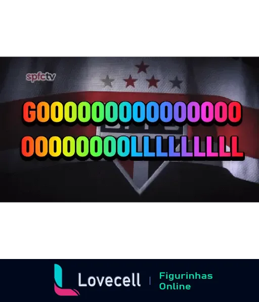 Gif animado com arco-íris de cores Gooooool sobre o escudo do São Paulo FC, indicando comemoração de um gol do time.