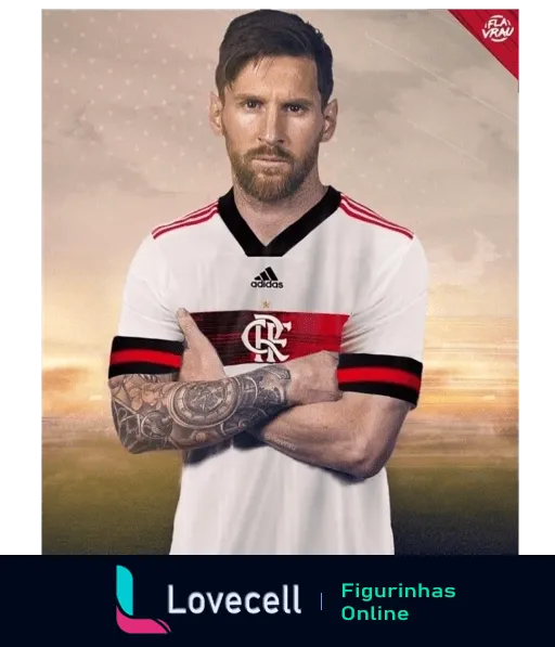 Imagem editada de Lionel Messi vestindo a camisa do Flamengo com braços cruzados e tatuagens à mostra, sobre um fundo que simula um estádio ao pôr do sol.